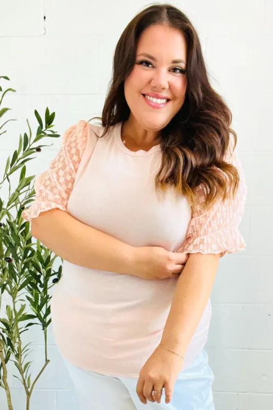 Pretty In Peach French Terry Lace Sleeve Top sold by Charming Charlie