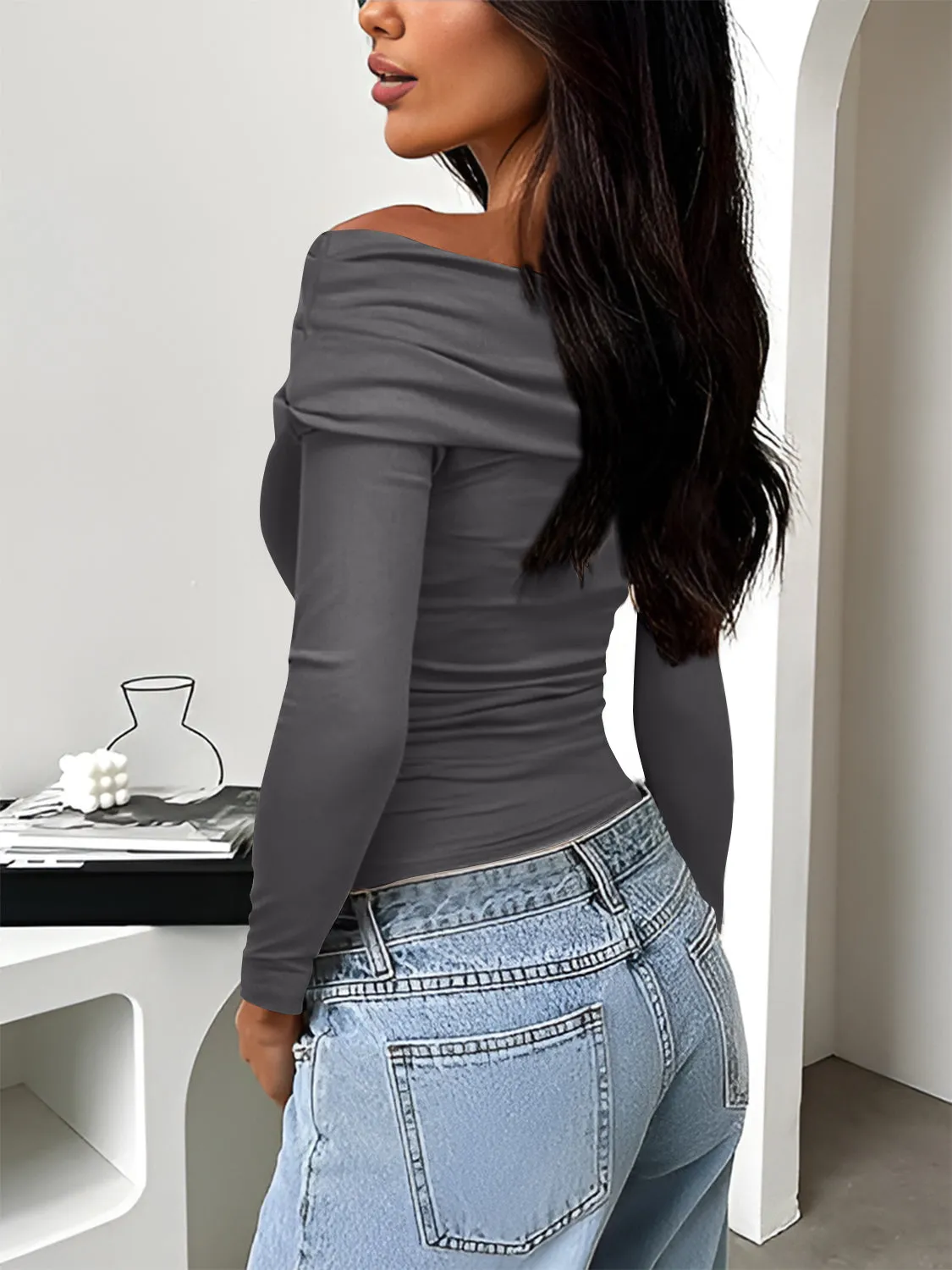 Ruched One Shoulder Long Sleeve T-Shirt sold by Charming Charlie product image thumbnail 5