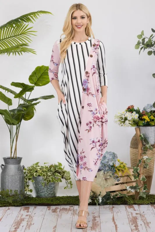 Celeste Full Size Floral Striped Contrast Midi-Dress with Pockets sold by Charming Charlie