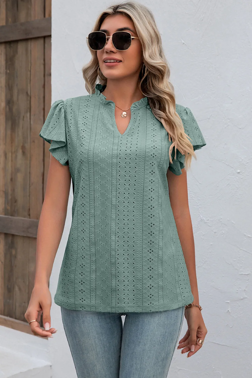 Eyelet Notched Flutter Sleeve T-Shirt sold by Charming Charlie product image thumbnail 5