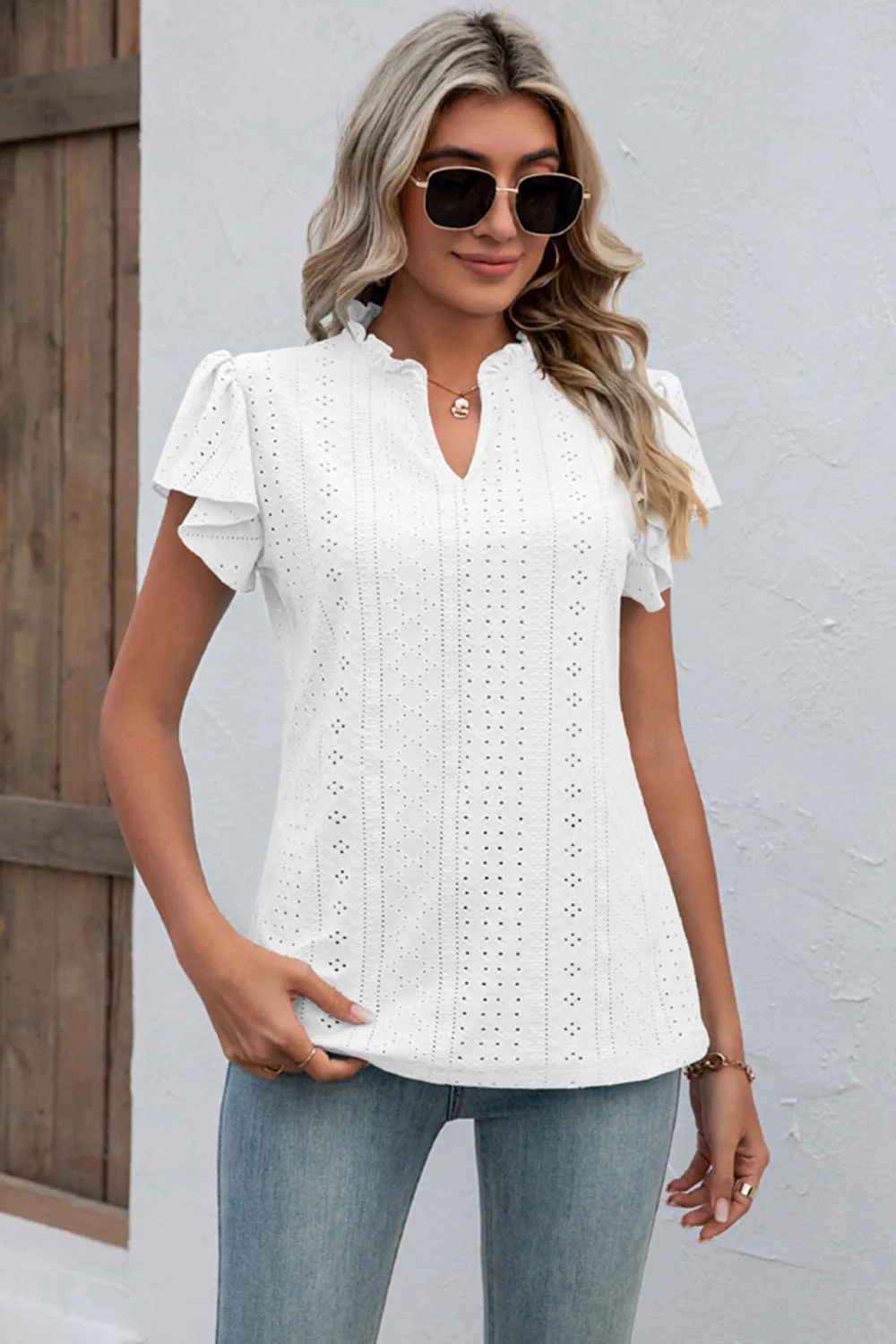 Eyelet Notched Flutter Sleeve T-Shirt sold by Charming Charlie product image thumbnail 3