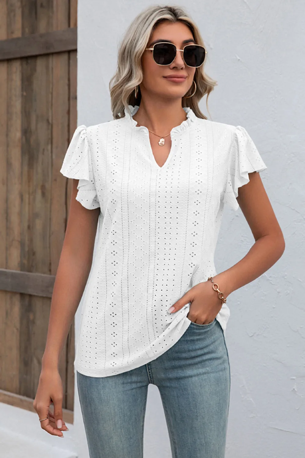 Eyelet Notched Flutter Sleeve T-Shirt sold by Charming Charlie product image thumbnail 4