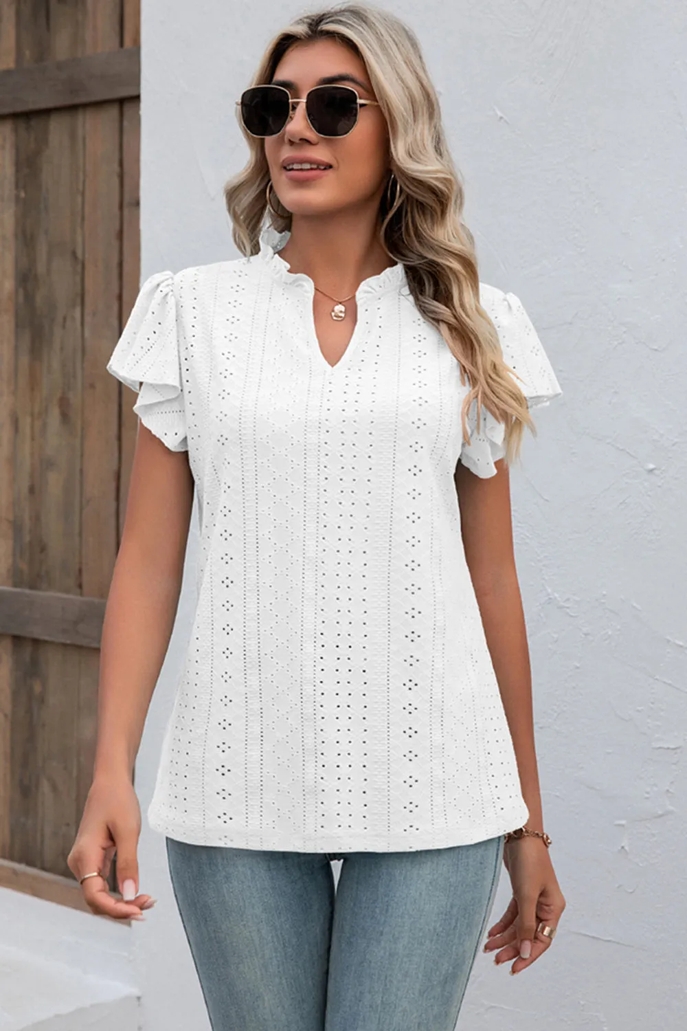 Eyelet Notched Flutter Sleeve T-Shirt sold by Charming Charlie