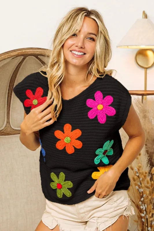 BiBi Flower Round Neck Cap Sleeve Knit Top sold by Charming Charlie
