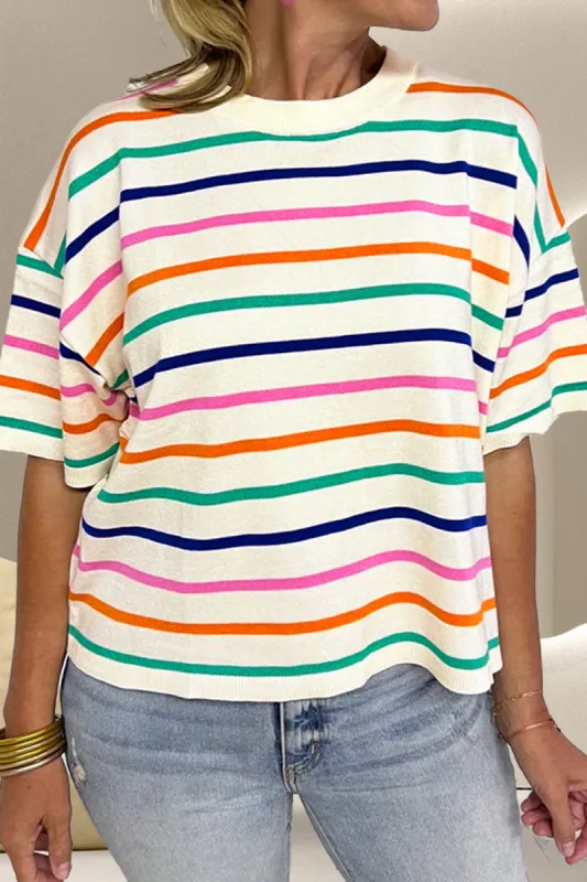 Striped Round Neck Half Sleeve Knit Top sold by Charming Charlie