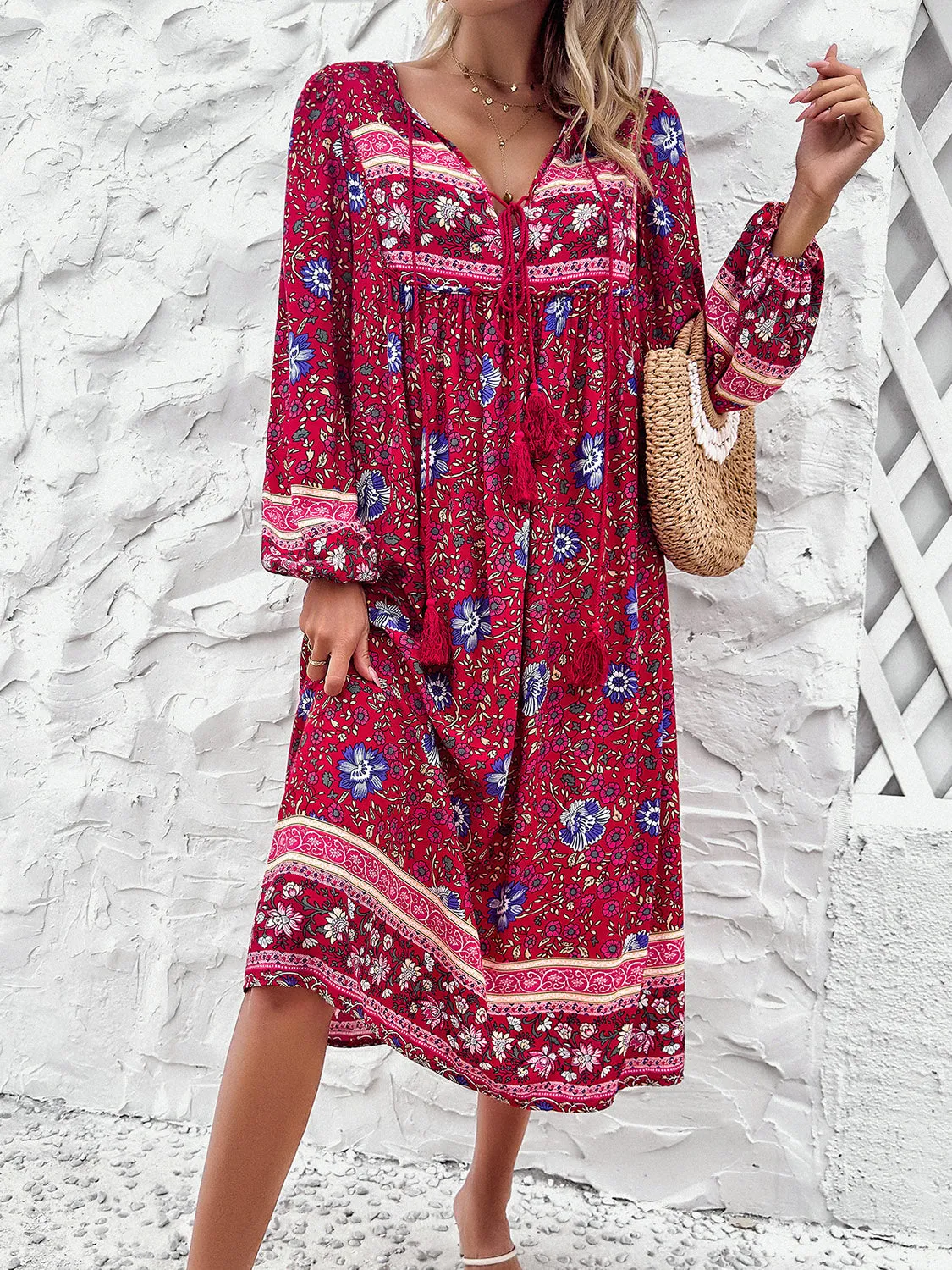 Tassel Tied Printed Long Sleeve Dress sold by Charming Charlie