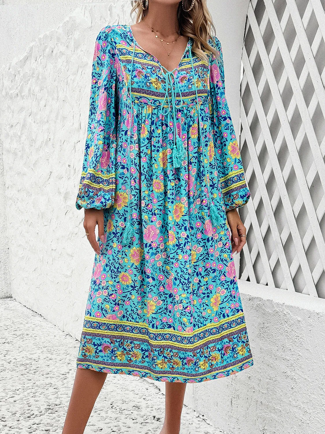 Tassel Tied Printed Long Sleeve Dress sold by Charming Charlie product image thumbnail 5