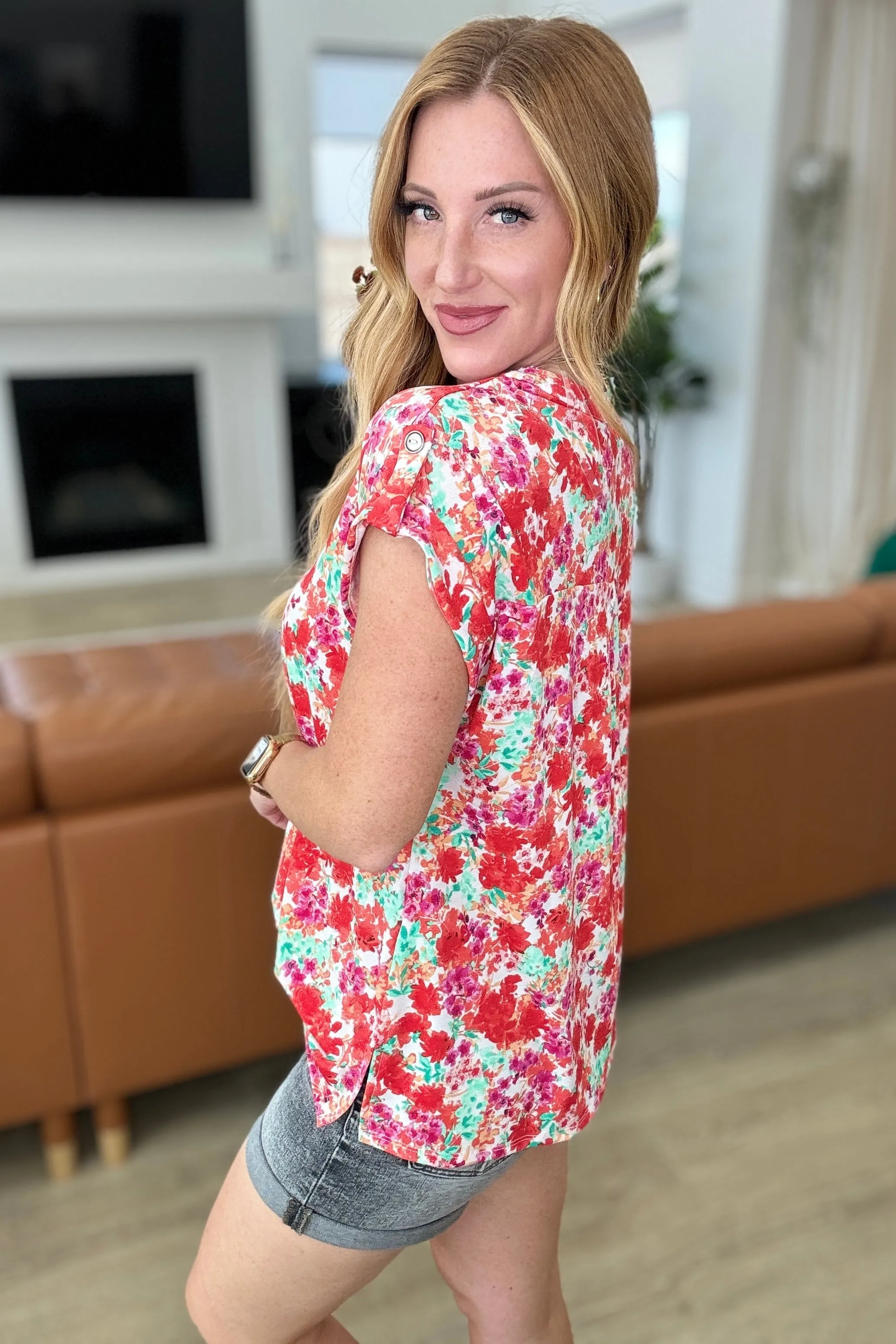 Lizzy Cap Sleeve Top in Ivory and Coral Floral sold by Charming Charlie product image thumbnail 5