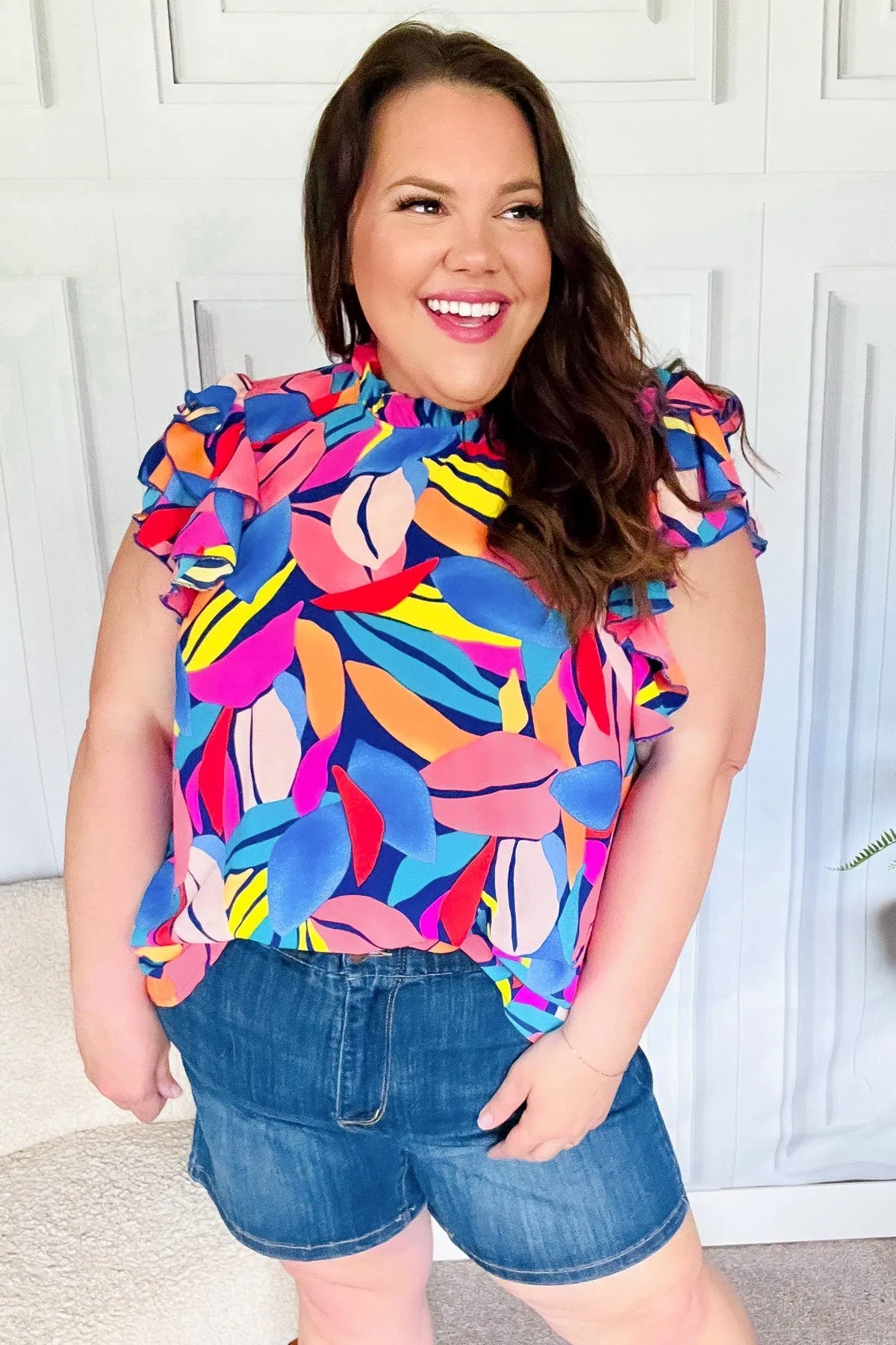 Tropical Vibes Blue & Pink Mock Neck Flutter Sleeve Top sold by Charming Charlie product image thumbnail 5