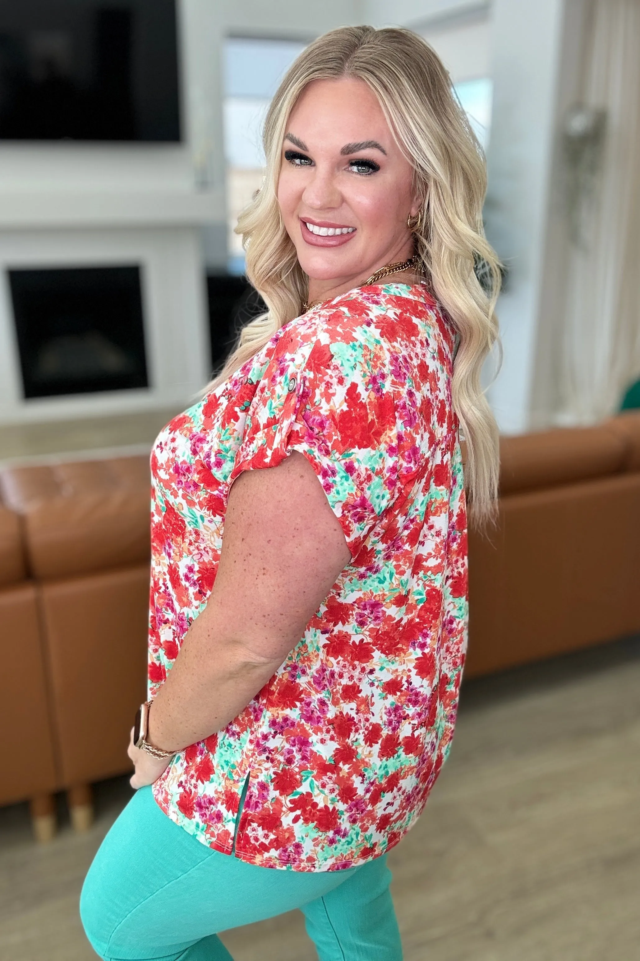 Lizzy Cap Sleeve Top in Ivory and Coral Floral sold by Charming Charlie product image thumbnail 4