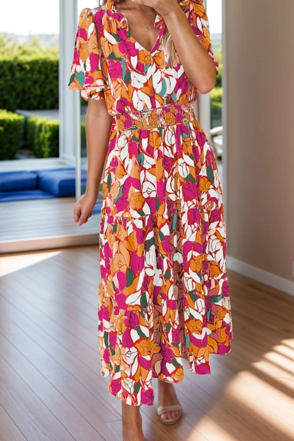 Frill Printed Notched Short Sleeve Midi Dress sold by Charming Charlie