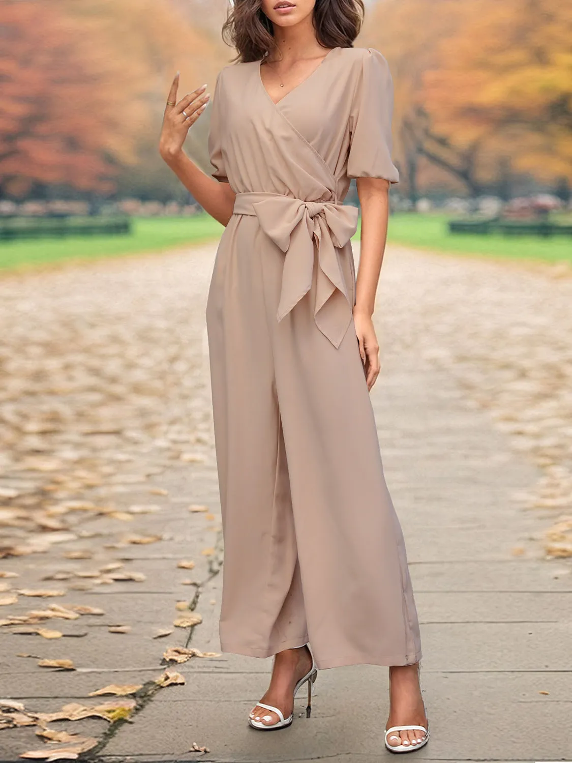 Tied Short Sleeve Wide Leg Jumpsuit sold by Charming Charlie product image thumbnail 4