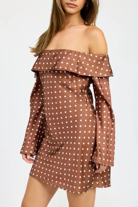 OFF SHOULDER POLKA DOT MINI DRESS sold by Charming Charlie