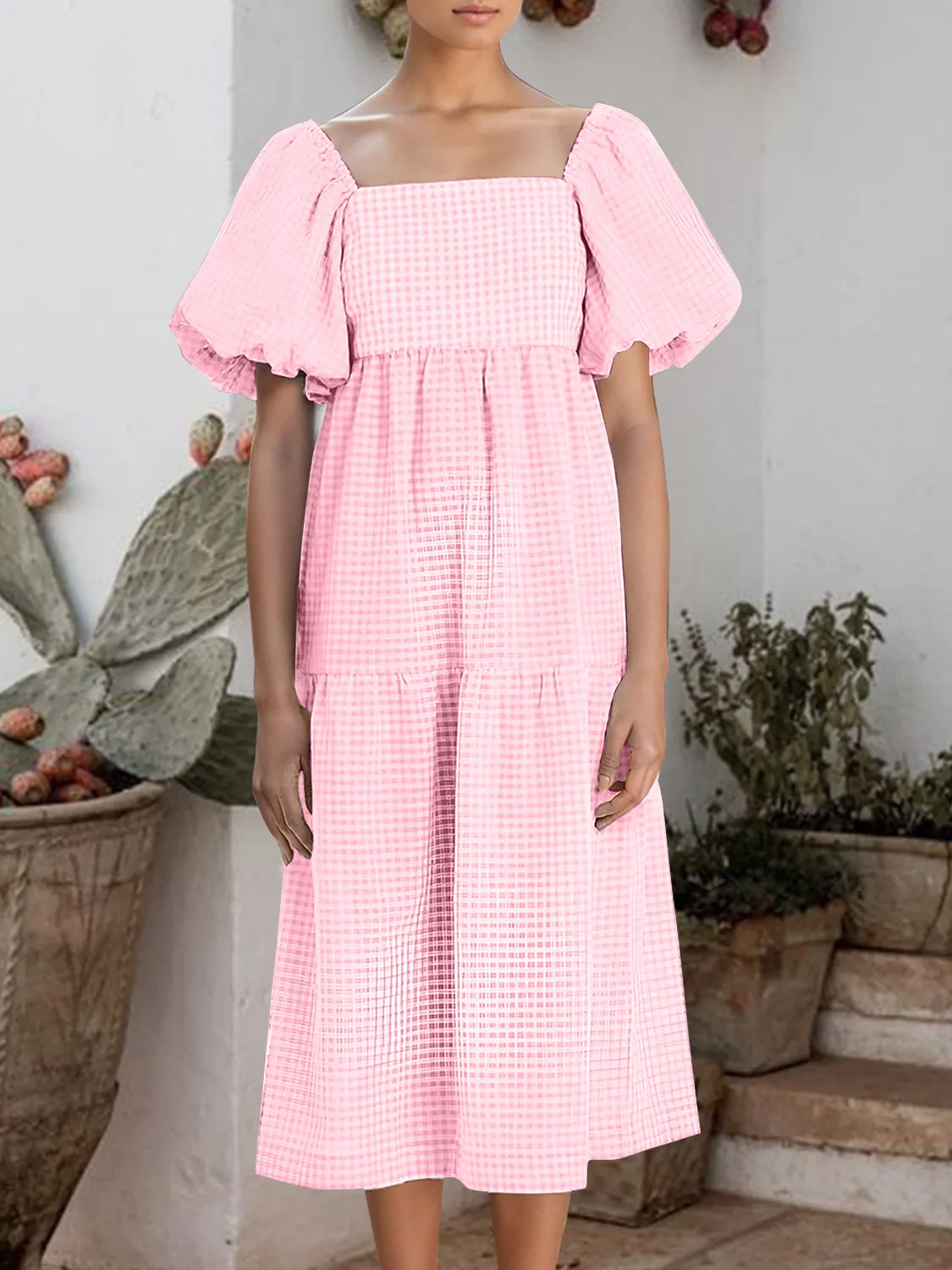 Plaid Square Neck Short Sleeve Dress sold by Charming Charlie product image thumbnail 5