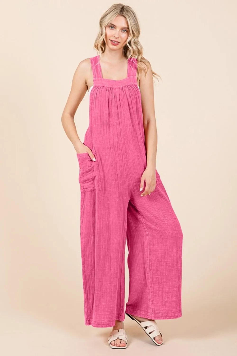 Culture Code Full Size Pocketed Sleeveless Wide Leg Overalls sold by Charming Charlie