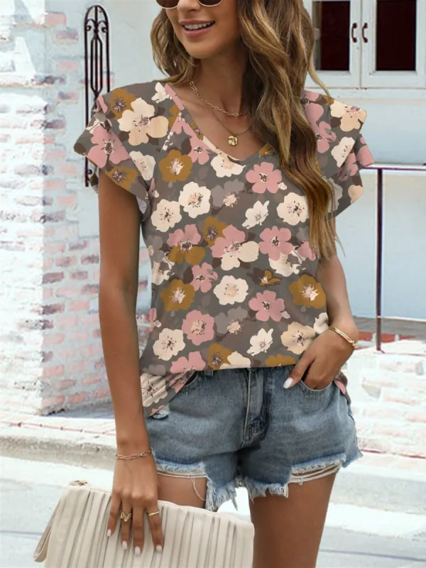 Floral V-Neck Cap Sleeve T-Shirt sold by Charming Charlie