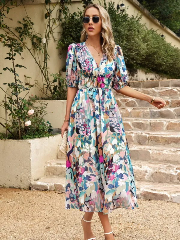 Smocked Printed V-Neck Half Sleeve Midi Dress sold by Charming Charlie