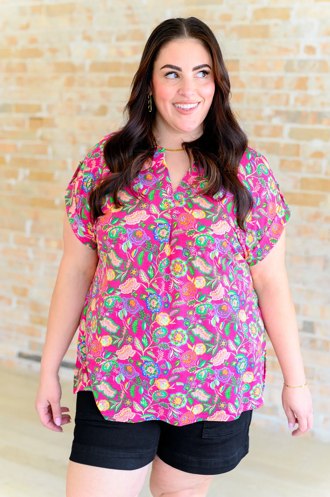 Lizzy Cap Sleeve Top in Fuchsia and Green Floral Paisley sold by Charming Charlie