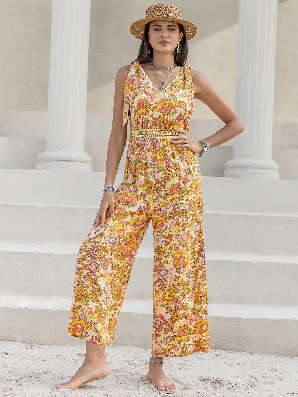 Printed V-Neck Tie Shoulder Jumpsuit sold by Charming Charlie