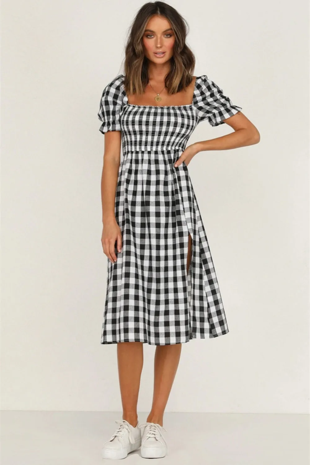 Full Size Slit Plaid Short Sleeve Midi Dress sold by Charming Charlie