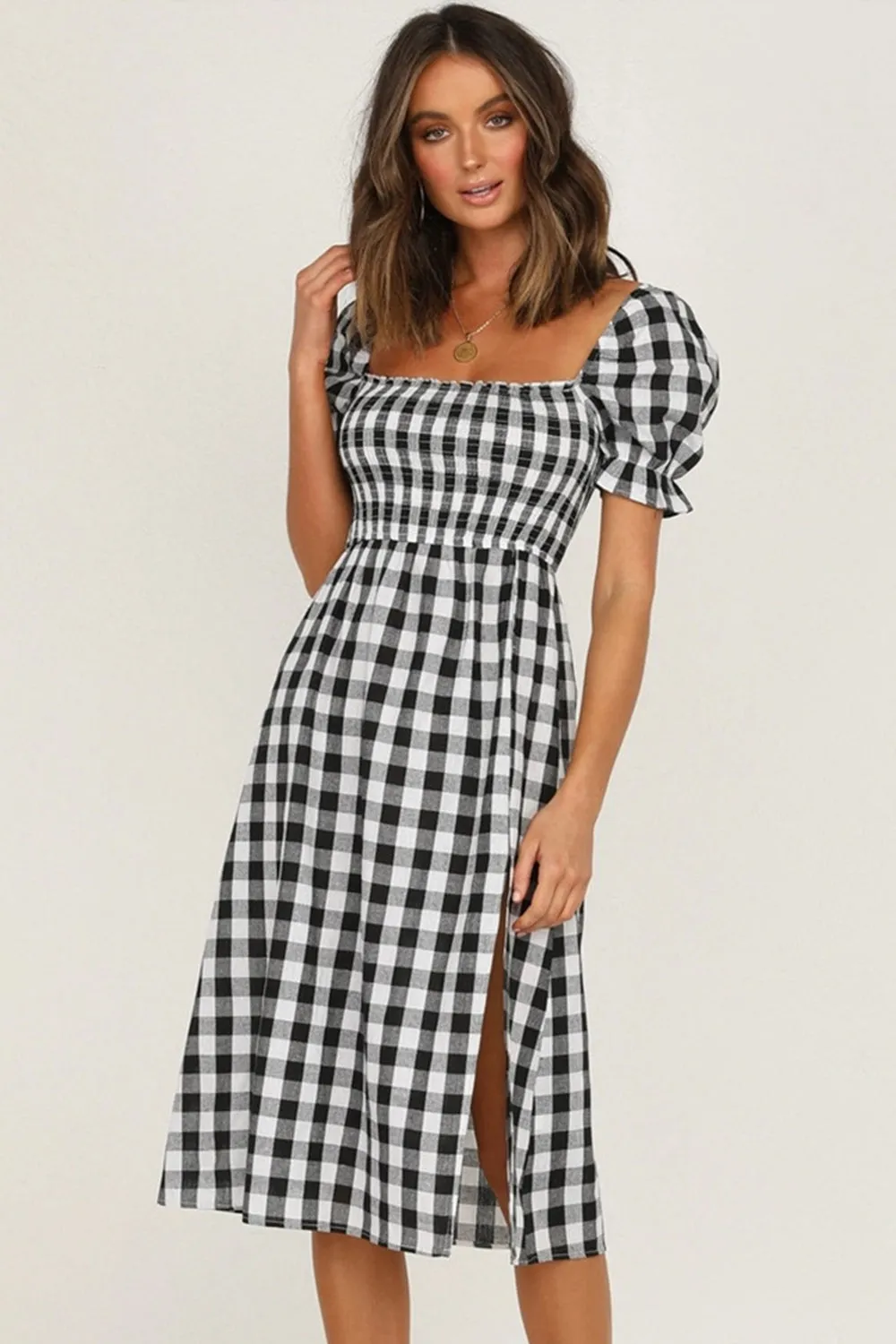 Full Size Slit Plaid Short Sleeve Midi Dress sold by Charming Charlie product image thumbnail 5