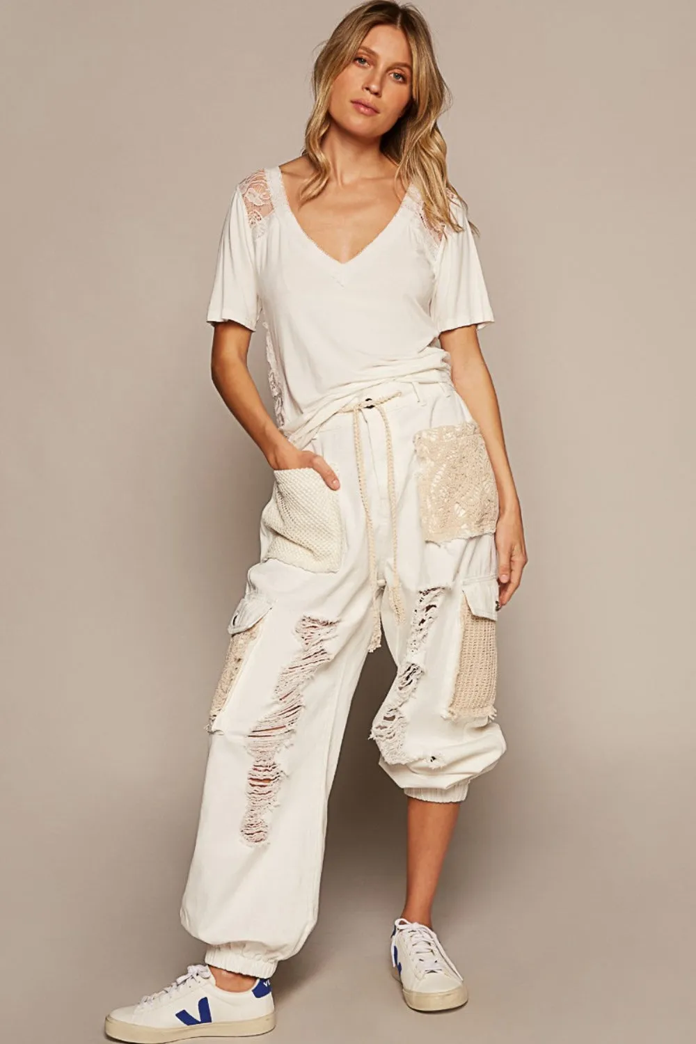 POL V-Neck Short Sleeve Lace Trim Top sold by Charming Charlie product image thumbnail 4