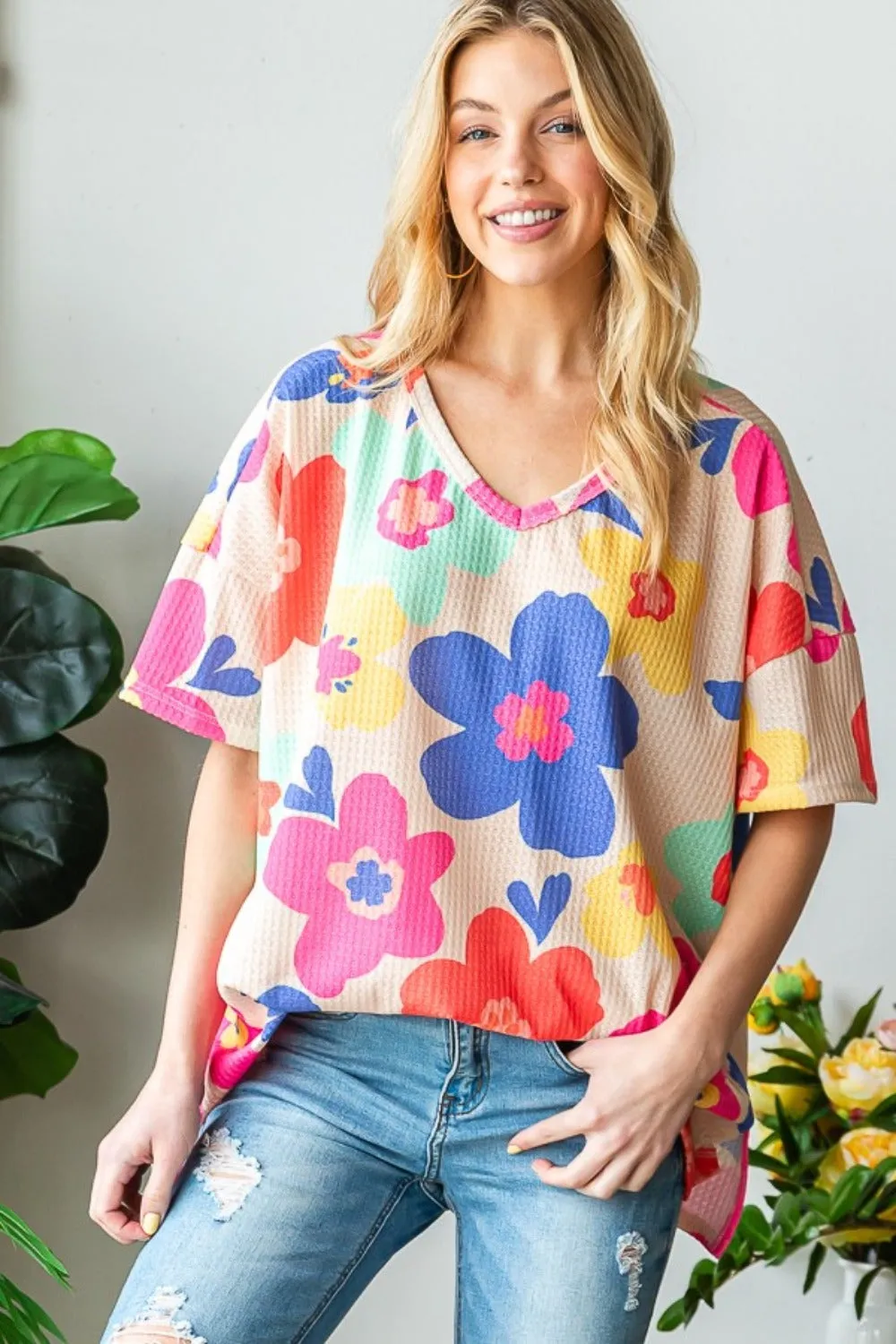 HOPELY Full Size Floral V-Neck Side Slit T-Shirt sold by Charming Charlie