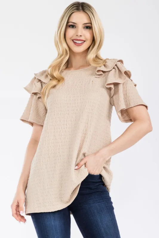 Celeste Full Size Ruffle Layered Short Sleeve Texture Top sold by Charming Charlie