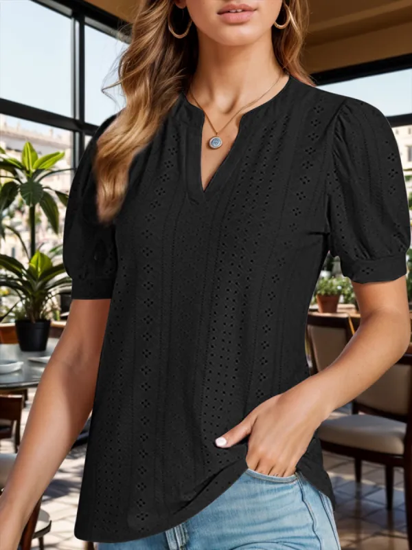 Eyelet Notched Short Sleeve Blouse sold by Charming Charlie