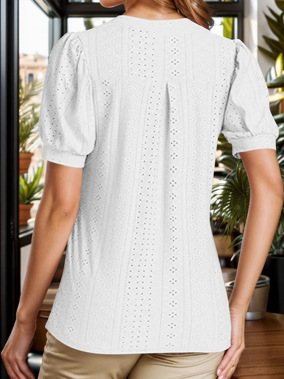 Eyelet Notched Short Sleeve Blouse sold by Charming Charlie product image thumbnail 5
