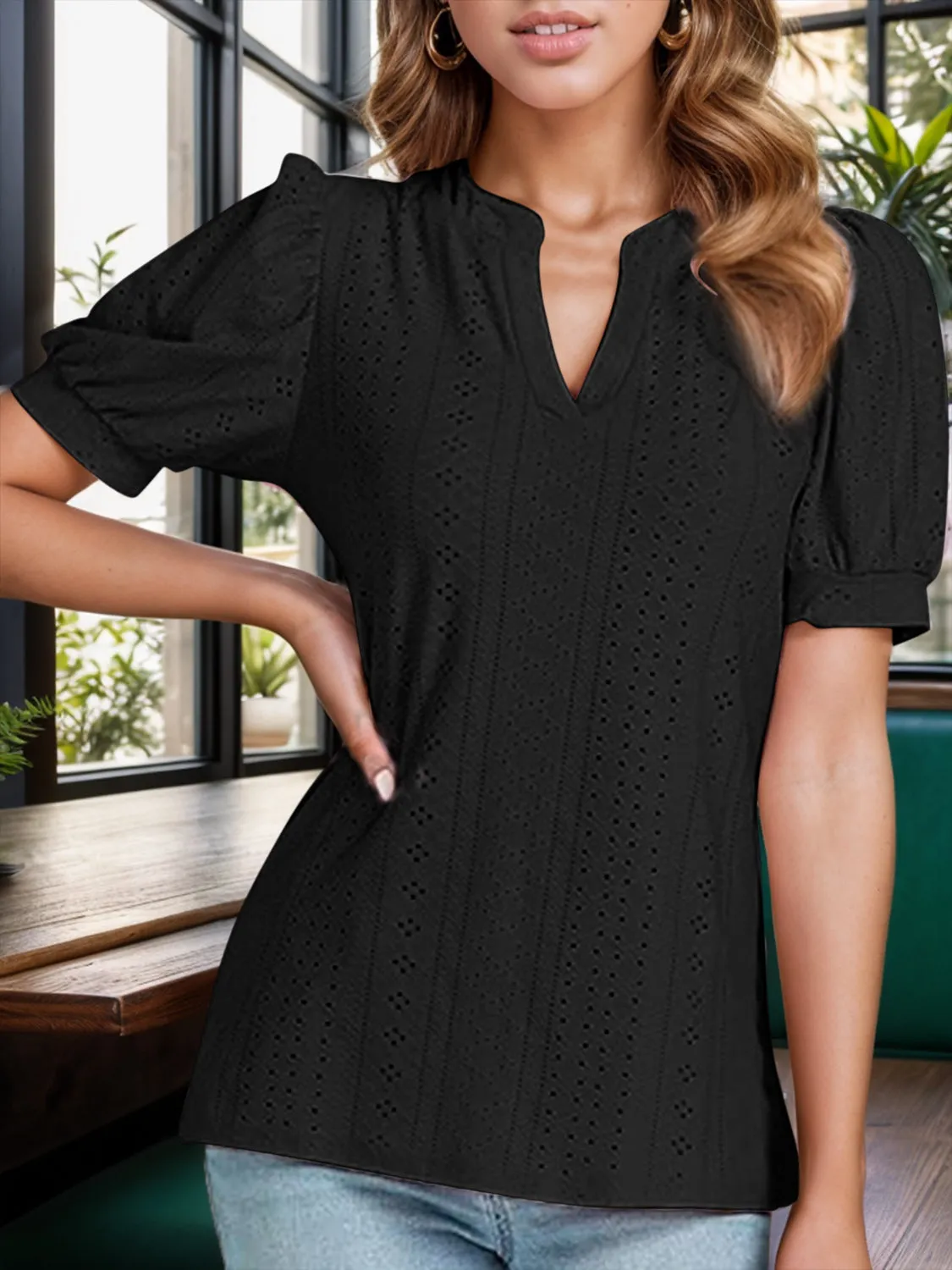 Eyelet Notched Short Sleeve Blouse sold by Charming Charlie product image thumbnail 3