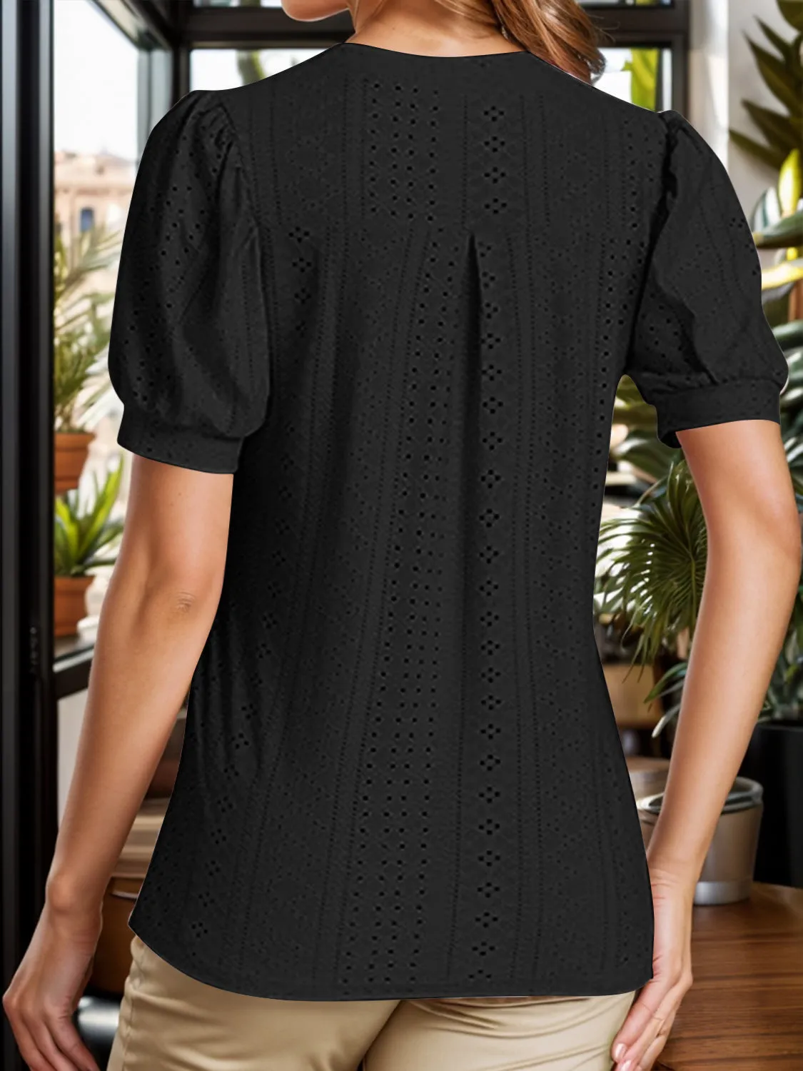 Eyelet Notched Short Sleeve Blouse sold by Charming Charlie product image thumbnail 2