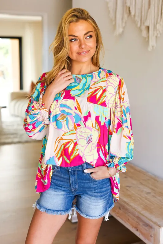 Start The Day Fuchsia Floral Print Ruffle Sleeve Top sold by Charming Charlie