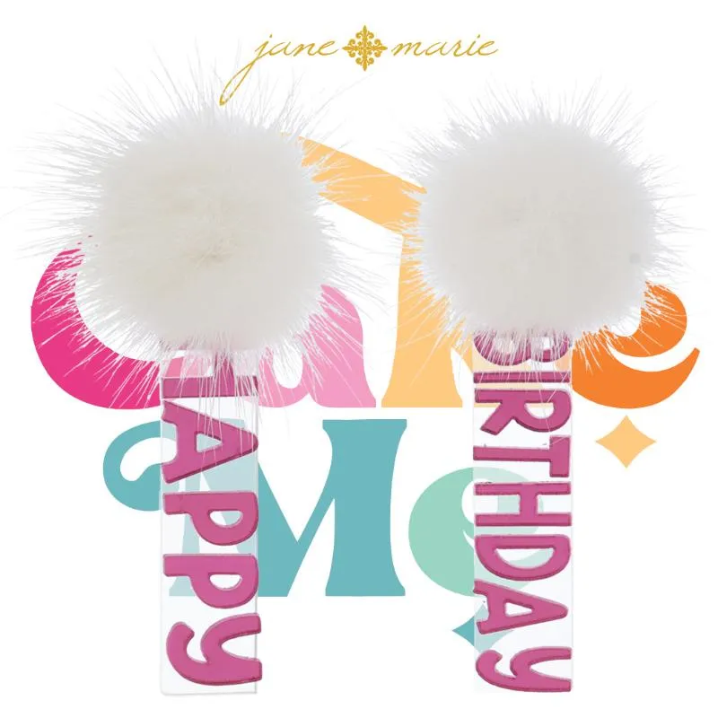White Pom Post with Metallic Pink "HAPPY BIRTHDAY" & Clear Acrylic Bars Earrings, 3" Top to Bottom sold by Charming Charlie
