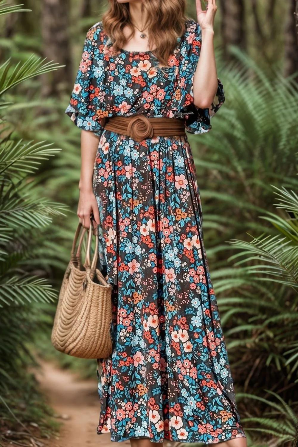 Tied Printed Round Neck Half Sleeve Dress sold by Charming Charlie