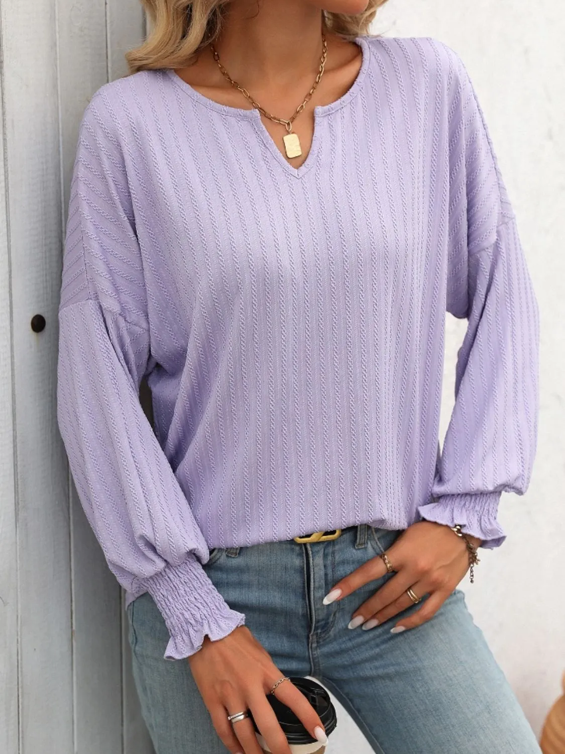 Textured Notched Lantern Sleeve T-Shirt sold by Charming Charlie product image thumbnail 4