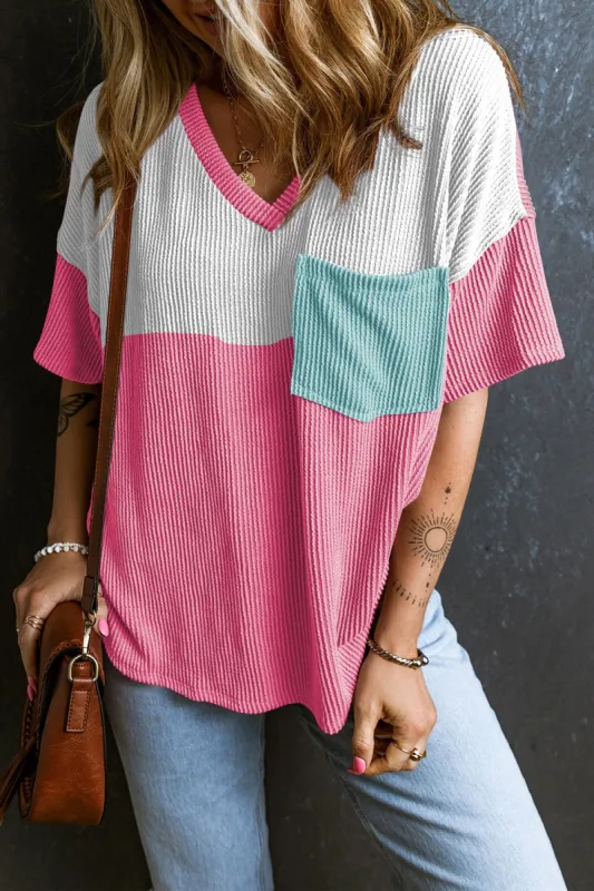 Color Block V-Neck Short Sleeve T-Shirt sold by Charming Charlie