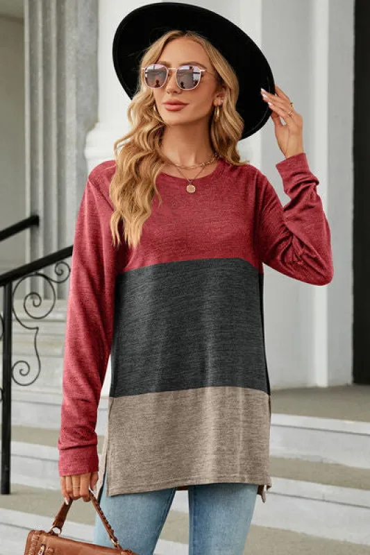 Color Block Round Neck Long Sleeve T-Shirt sold by Charming Charlie