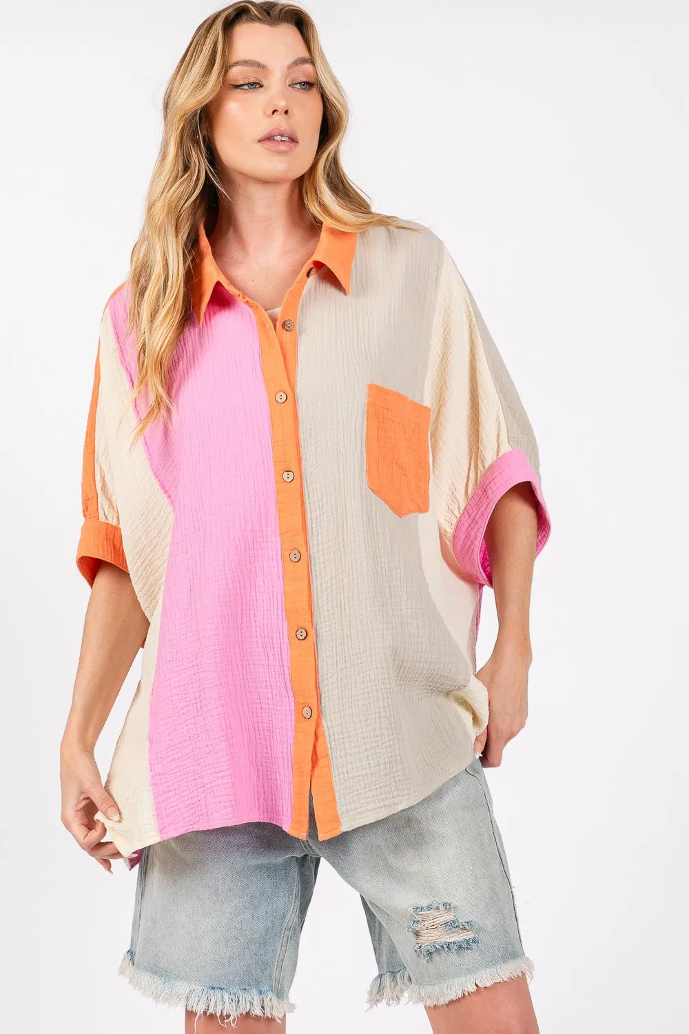 SAGE + FIG Full Size Color Block Button-Down Shirt sold by Charming Charlie product image thumbnail 2