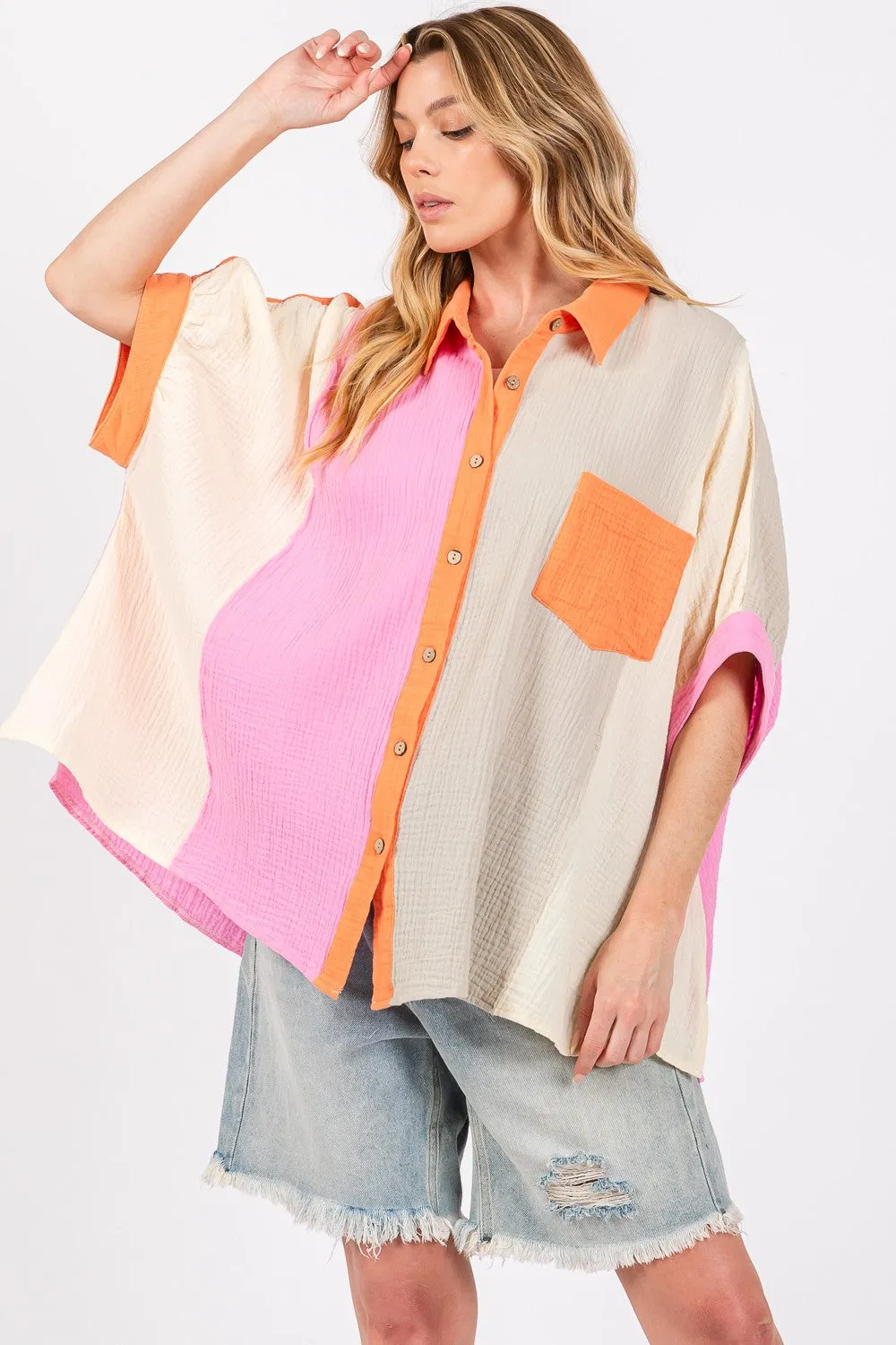 SAGE + FIG Full Size Color Block Button-Down Shirt sold by Charming Charlie