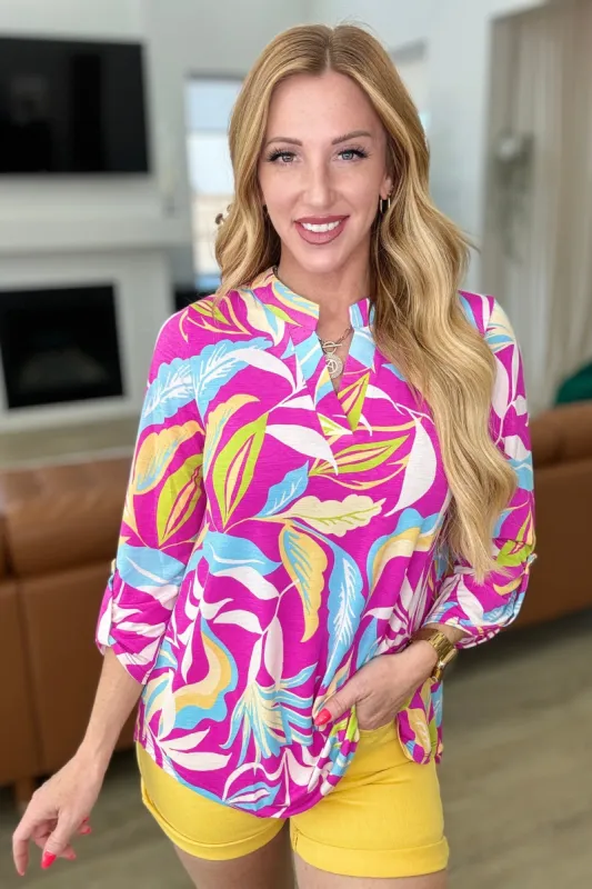 Lizzy Top in Magenta and Lime Palm sold by Charming Charlie