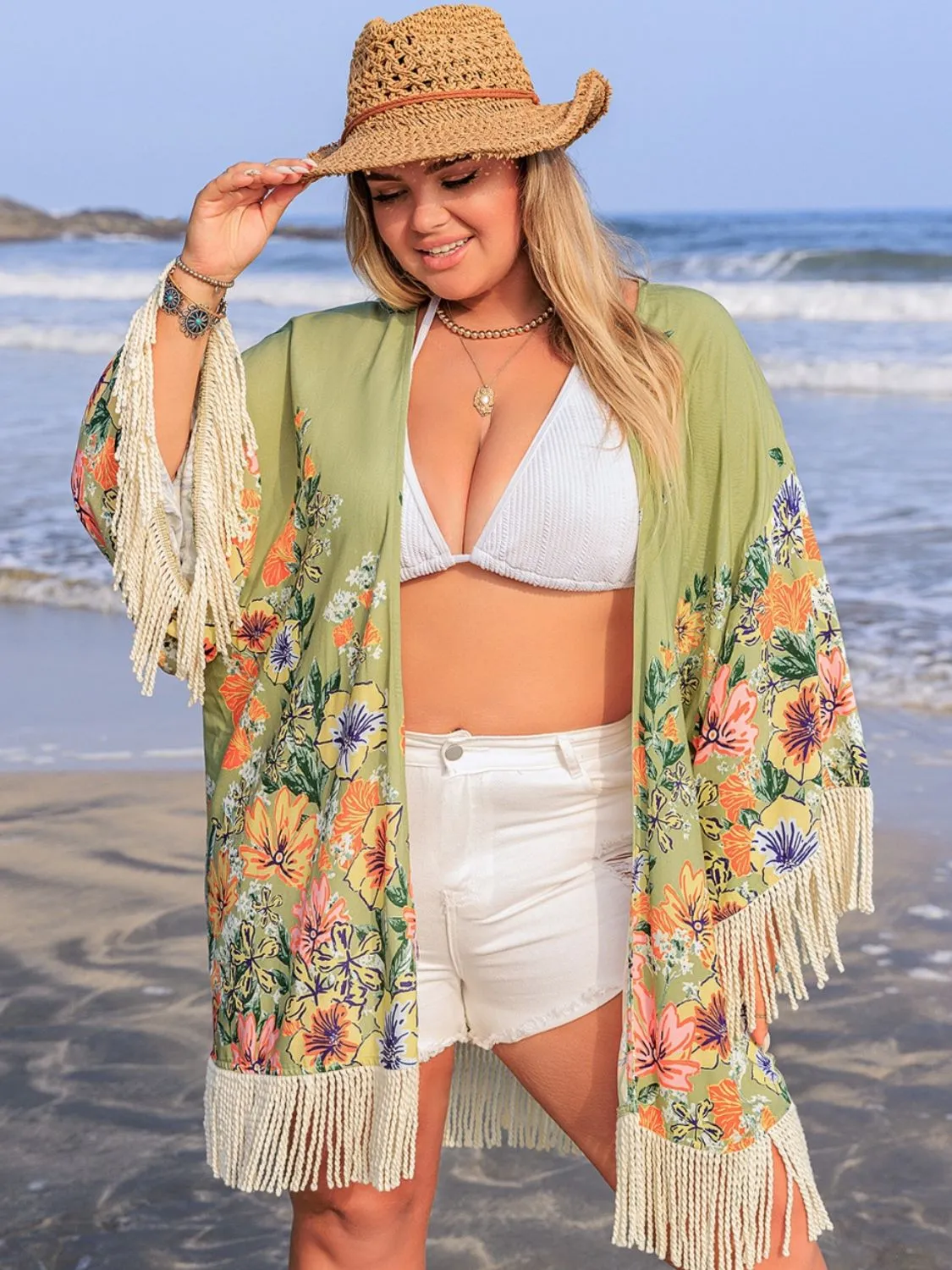 Plus Size Fringe Open Front Cover-Up sold by Charming Charlie