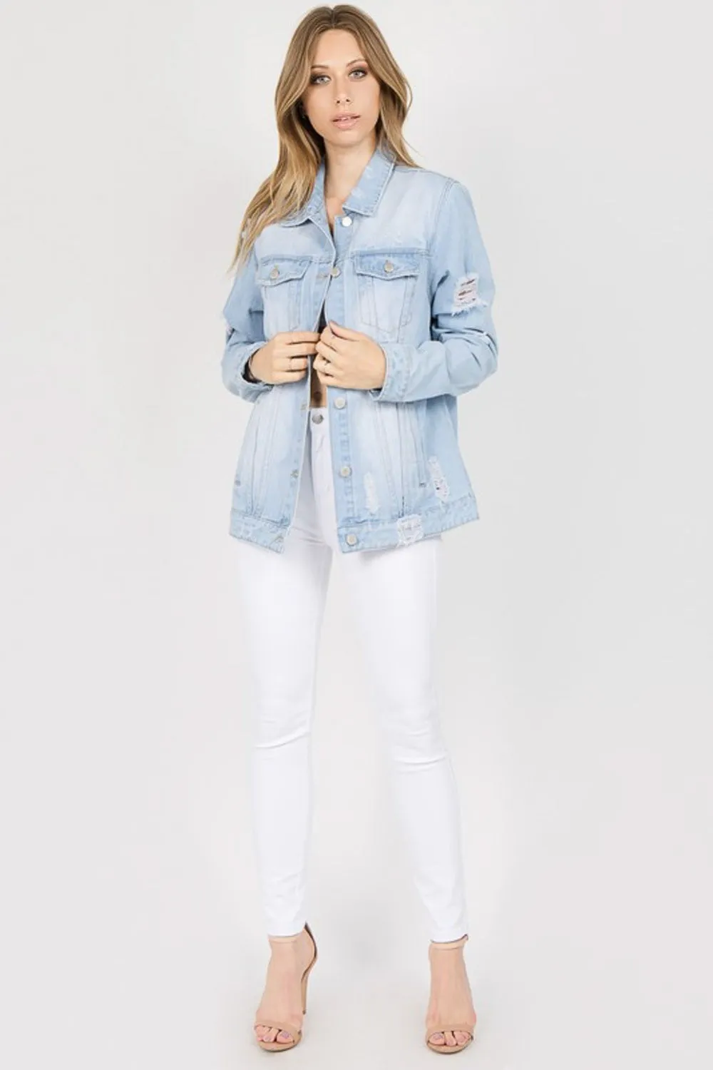 American Bazi Letter Patched Distressed Denim Jacket sold by Charming Charlie product image thumbnail 4