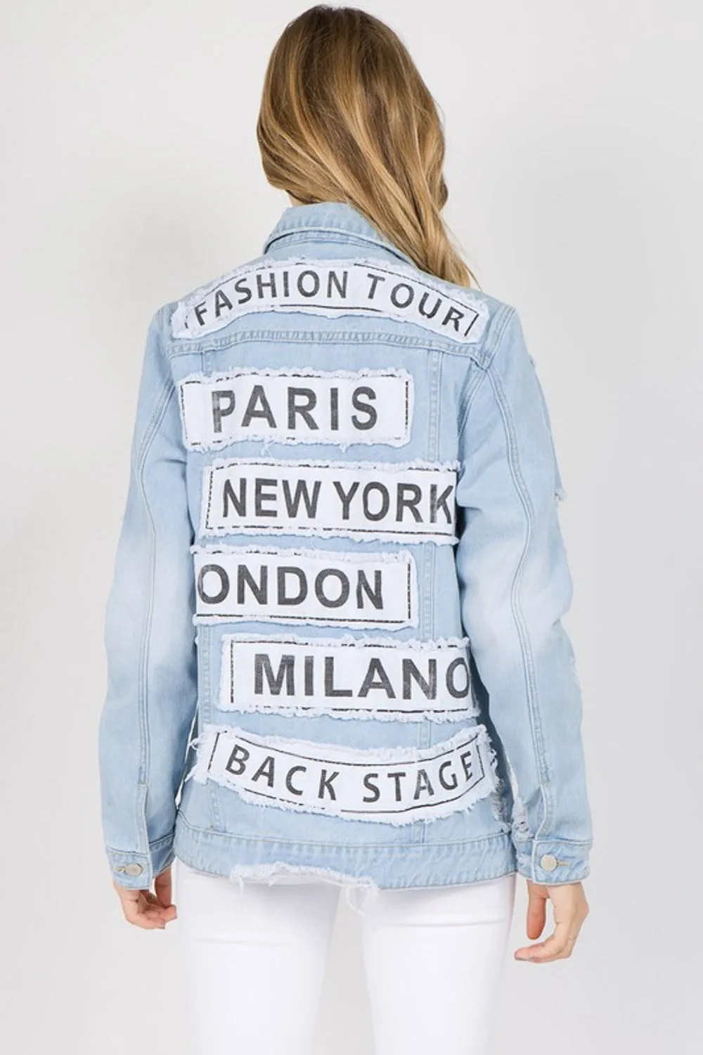 American Bazi Letter Patched Distressed Denim Jacket sold by Charming Charlie