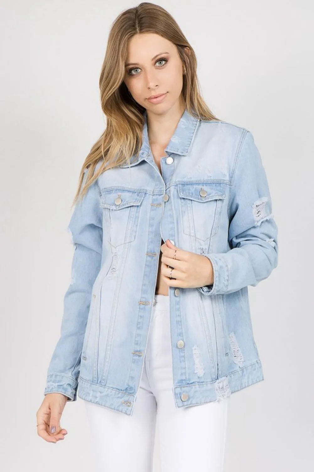 American Bazi Letter Patched Distressed Denim Jacket sold by Charming Charlie product image thumbnail 2