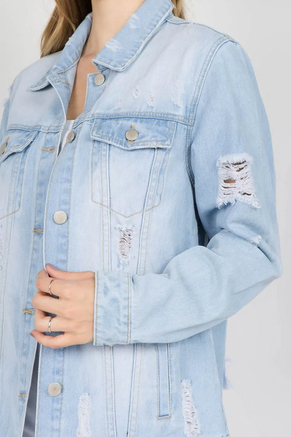 American Bazi Letter Patched Distressed Denim Jacket sold by Charming Charlie product image thumbnail 3
