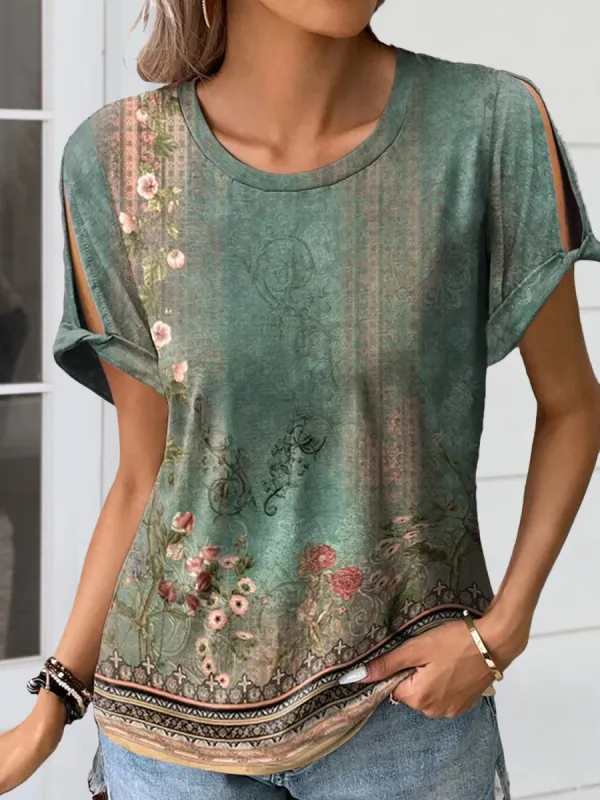 Cutout Printed Round Neck Short Sleeve Blouse sold by Charming Charlie