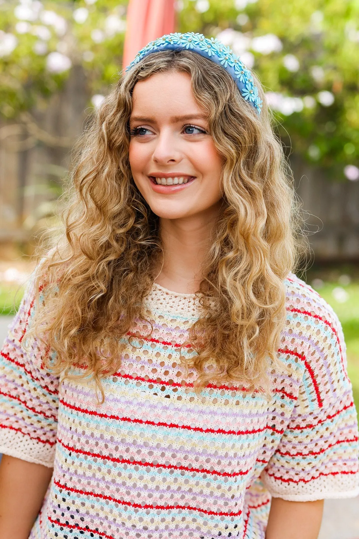 Blue Satin Daisy Rhinestone Headband sold by Charming Charlie product image thumbnail 2