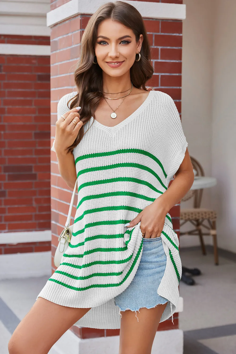 Striped V-Neck Short Sleeve Knit Top sold by Charming Charlie