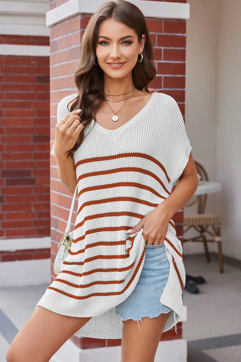 Striped V-Neck Short Sleeve Knit Top sold by Charming Charlie product image thumbnail 5